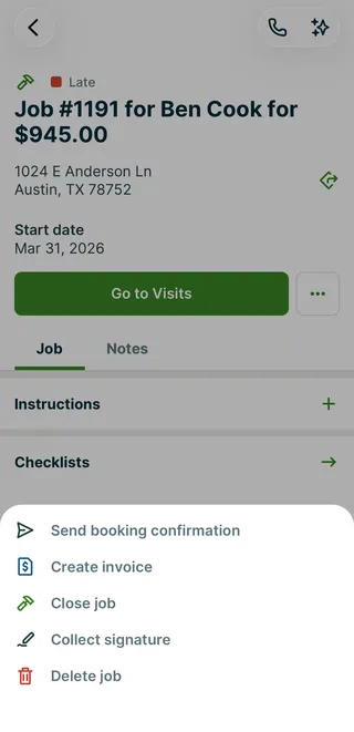 A screenshot showing the more options menu on a job in the Jobber app.