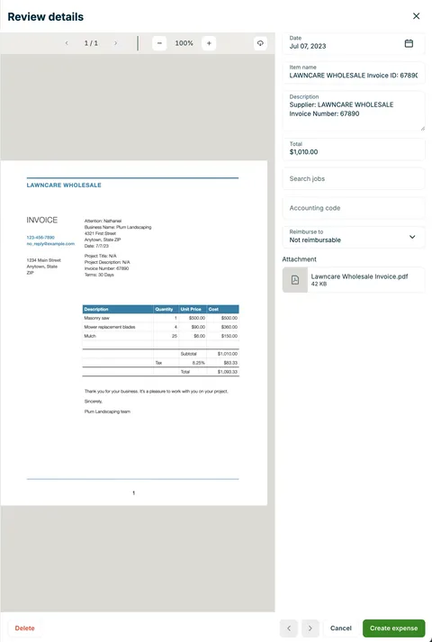 A screenshot showing the review details page for an uploaded invoice.