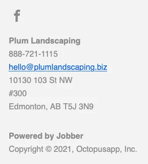 Footer from an email showing the facebook logo and contact details