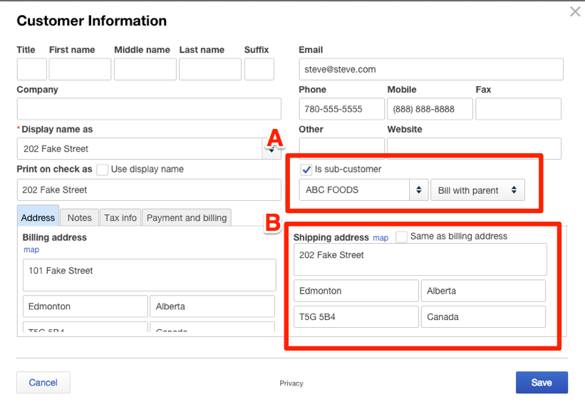 Edit customer information screen from QuickBooks with the sections for is subcustomer and shipping address highlighted