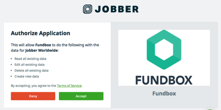 authorization page to authorize Fundbox to access data from Jobber