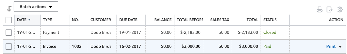 list of two invoices in QuickBooks with one showing as PAID