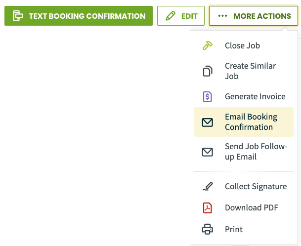 More actions menu with email booking confirmation highlighted