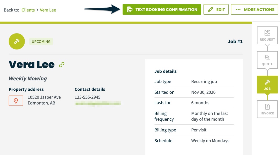 Job with an arrow pointing to a button for text booking confirmation