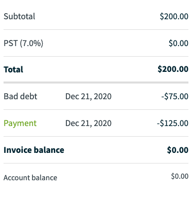 invoice subtotal, total, amount that's been marked bad debt, payment, and invoice balance