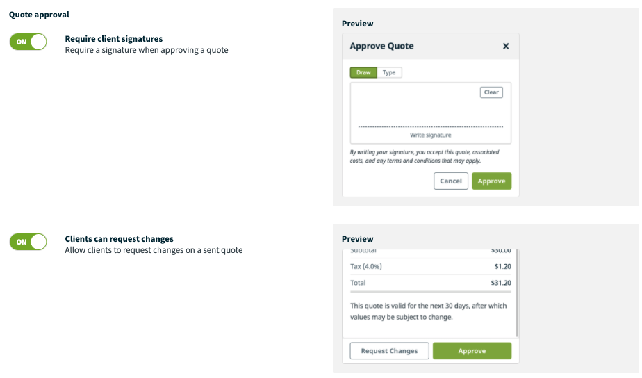 options in client hub for quote settings in client hub