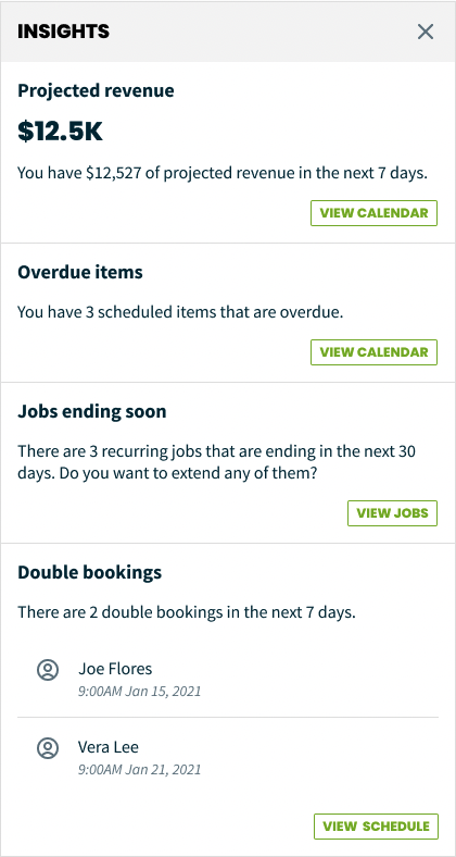 cards from the insights drawee including projected revenue, overdue items, jobs ending soon, and double bookings
