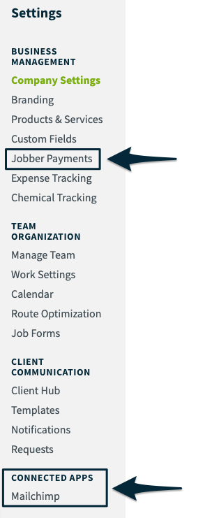 Settings menu with arrows pointing to the options for Jobber Payments and connected apps