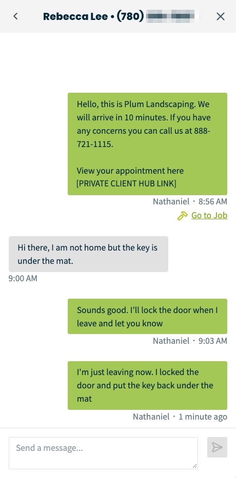 text message conversation starting with a reminder about their appointment with a private link to view the appointment in client hub
