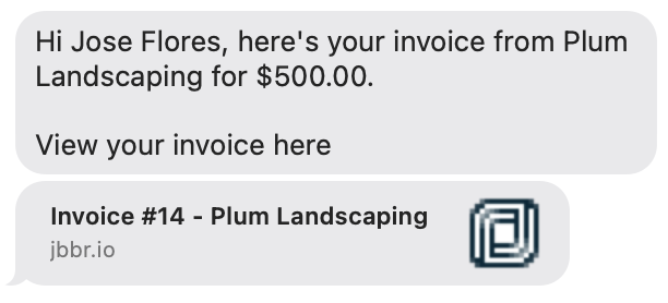 text message recieved by a client with a link to view an invoice online.