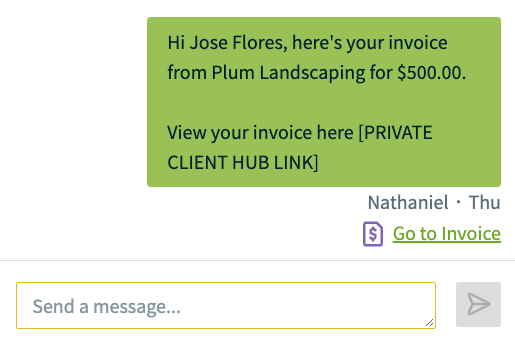 text conversation with a link to view the invoice internally in Jobber