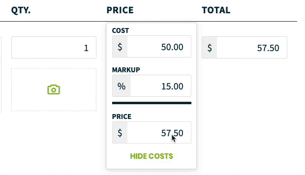 Markup percentage being entered with the price updating based on the cost and markup.