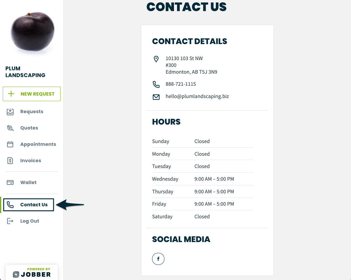 the contact us page from client hub displaying contact information and business hours
