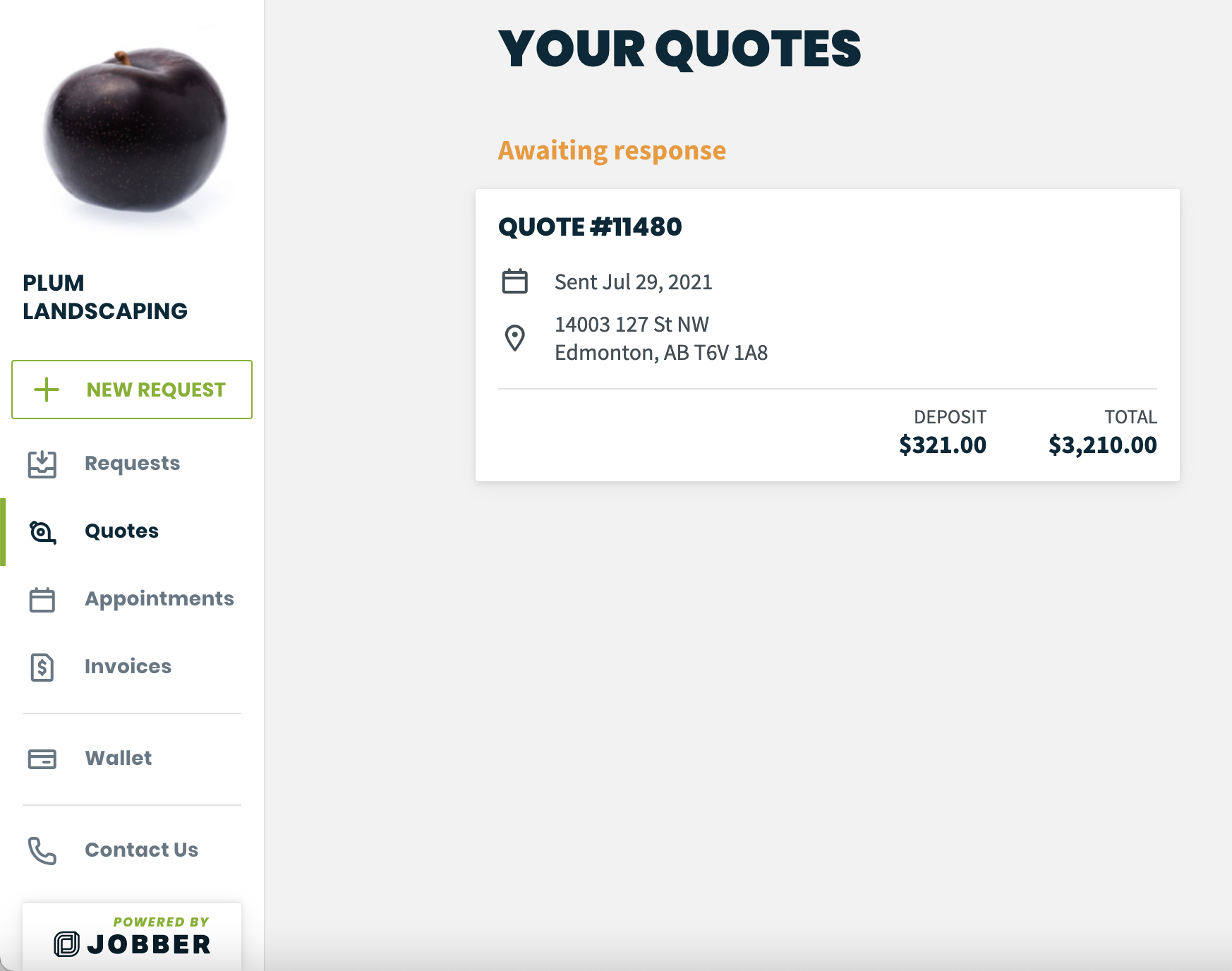 quotes tab in client hub showing a quote that is awaiting response from the client.