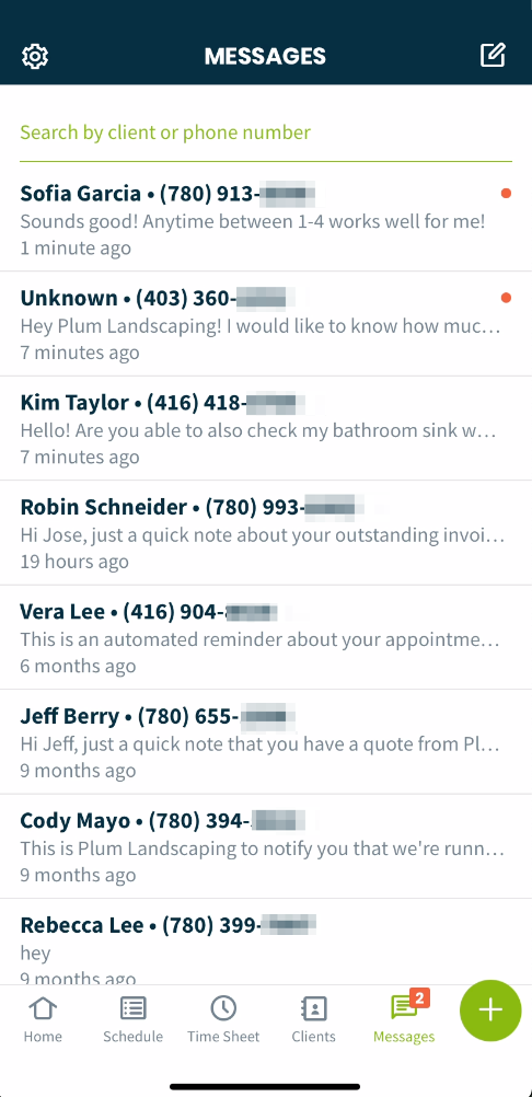 message center showing messages from different clients