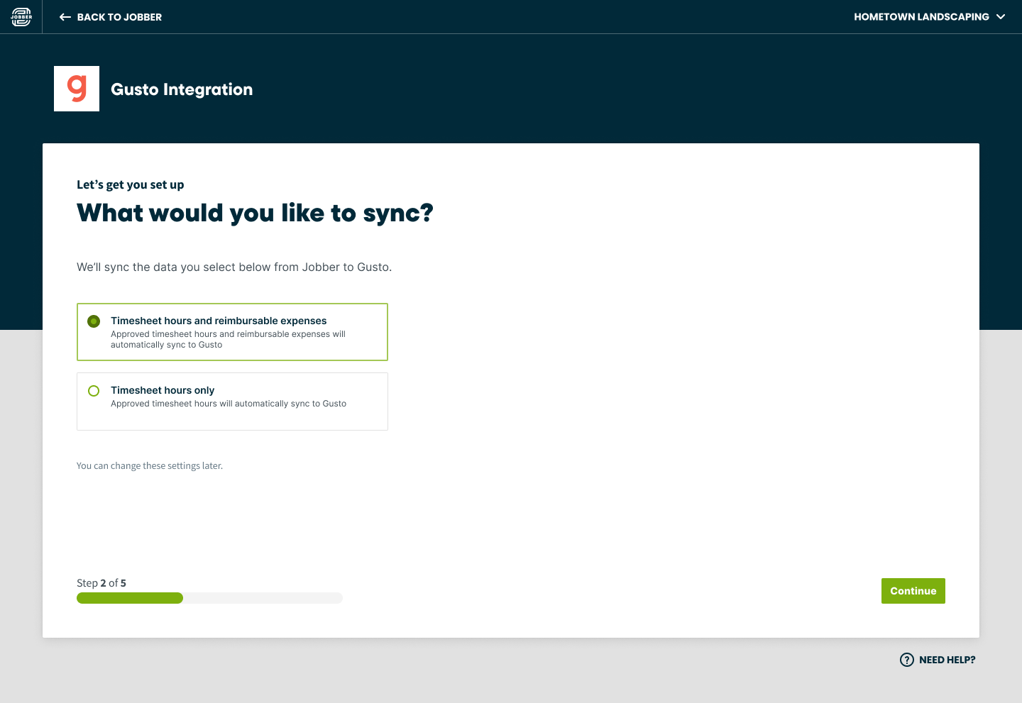 Step 2 - select what data to sync from Jobber to Gusto
