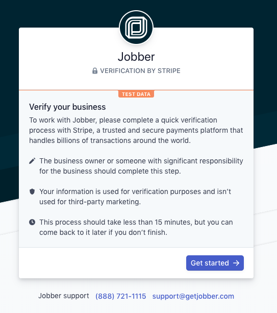 Jobber verification by Stripe page with a button to Get Started