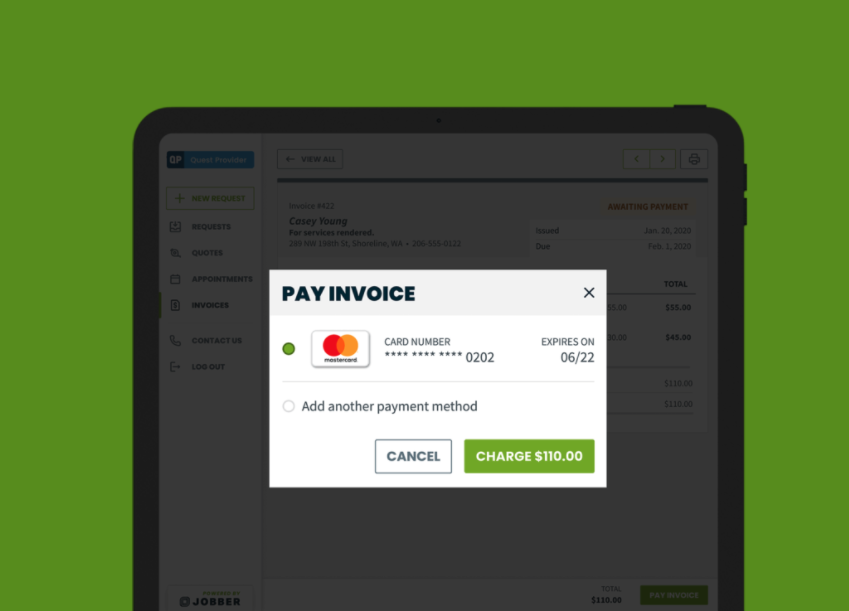 Jobber Payments option for a client to pay an invoice