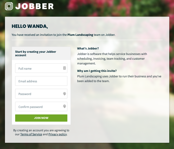 sign up form for a jobber account