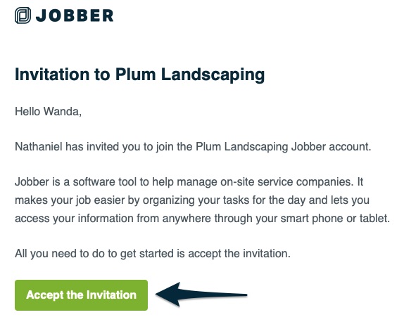 email invitation to join a company's jobber account. There is an arrow pointing to a button for accept invitation