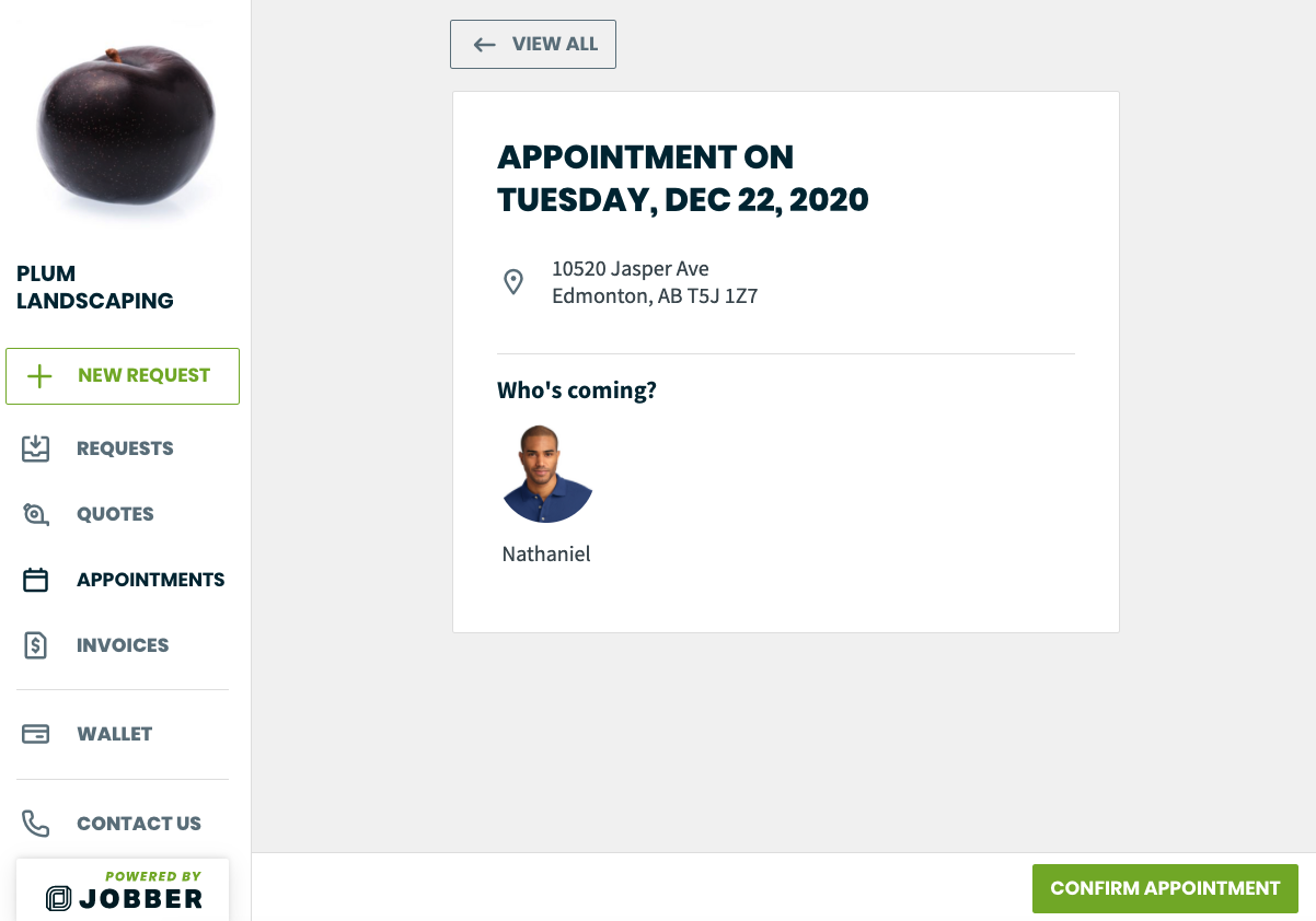 appointment with a button for the client to confirm it
