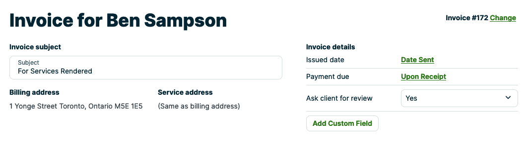 top of the invoice edit screen showing invoice details and subject line