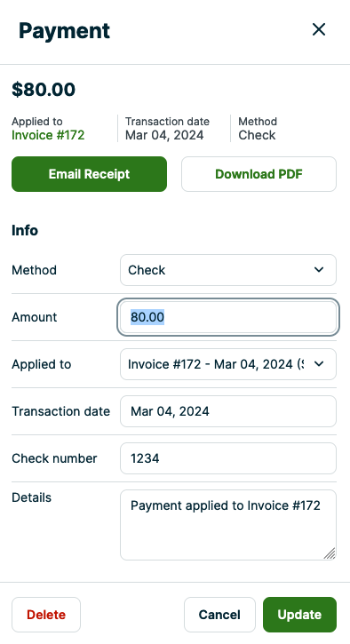 pop-up with payment details
