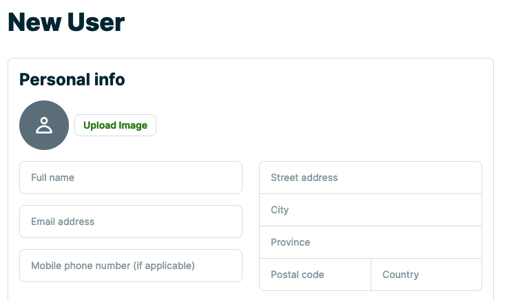 personal info section of the new user page
