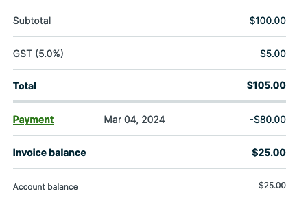 invoice showing subtotal, sales tax, total, payment amounts, invoice balance, and account balance