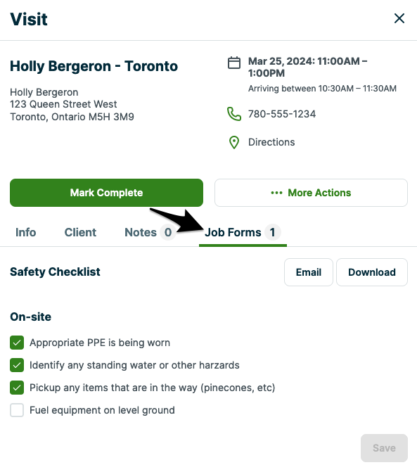 Job Forms tab in visit details