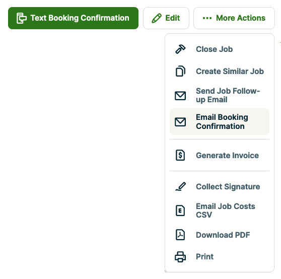 More actions menu with email booking confirmation highlighted