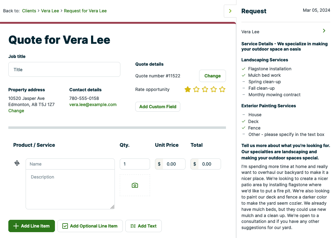 quote creation screen with a sidebar of details from the request