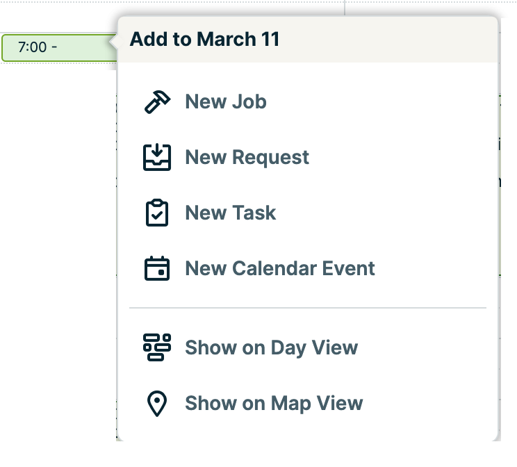 menu with options to create a new job, new request, new task, or new calendar event. There are also options to view the day on the day view or map view.