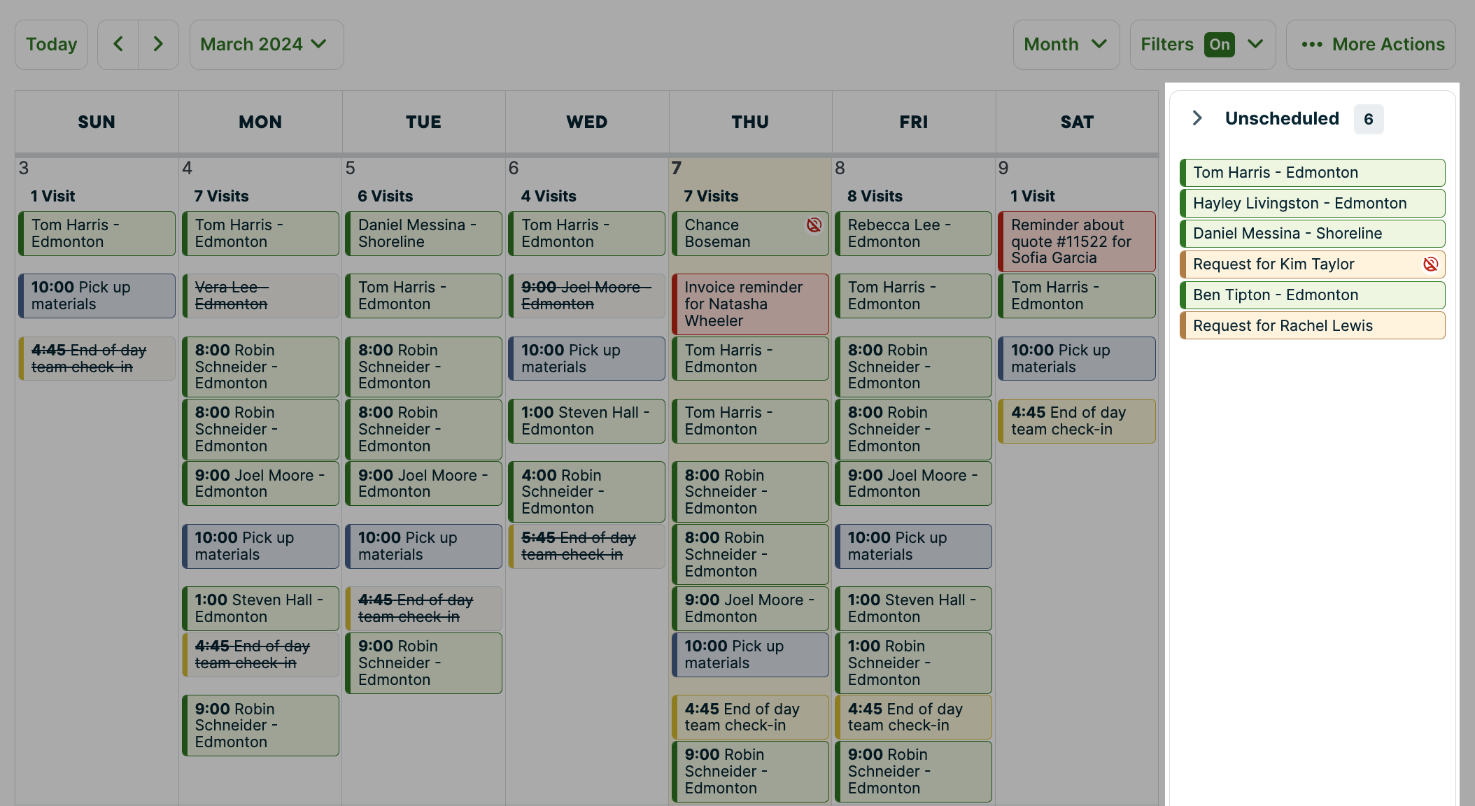 month view of the schedule with the unscheduled section highlighted