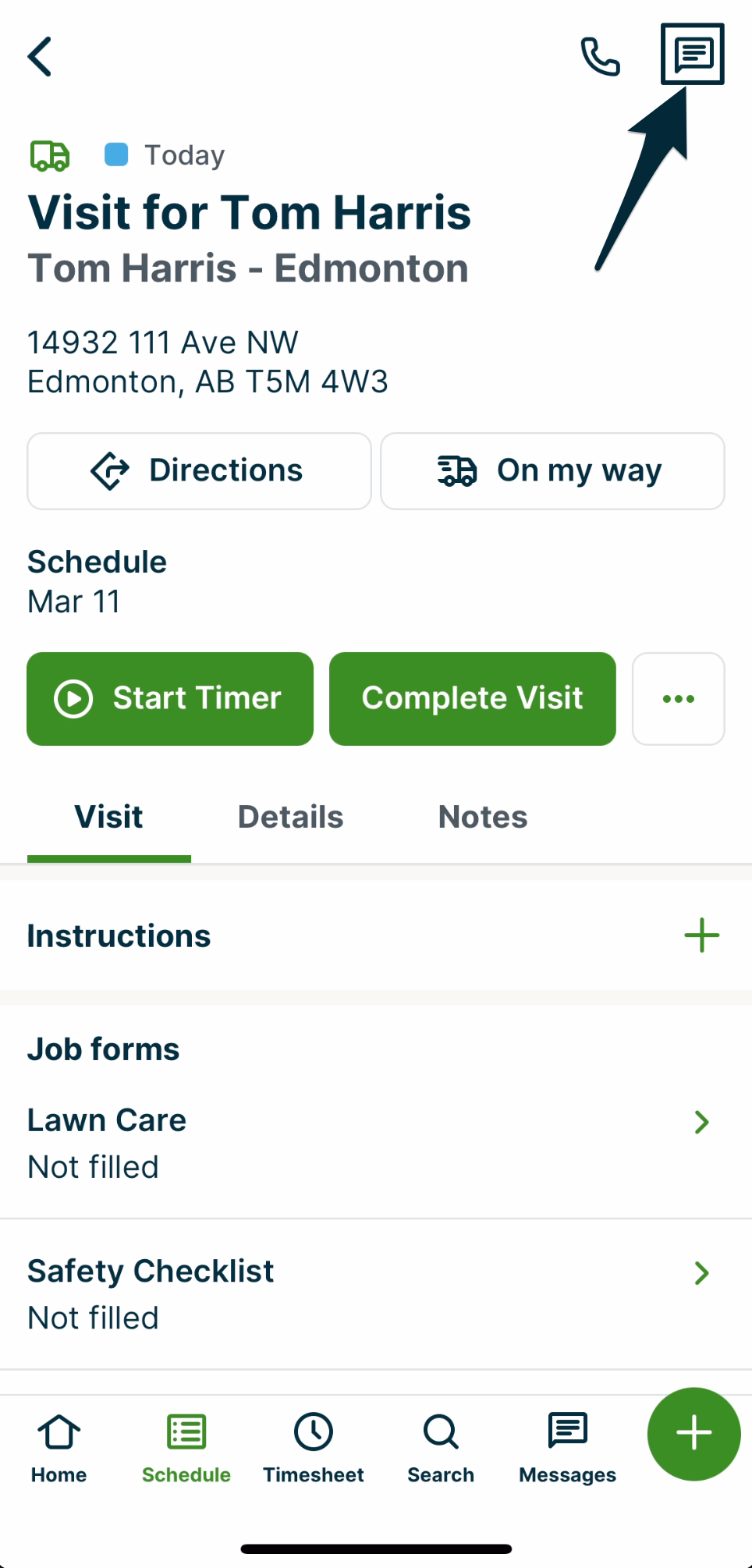 A visit with an arrow pointing to the speech bubble icon to text this client