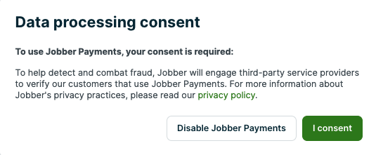 Prompt showing the data processing consent for Jobber Payments