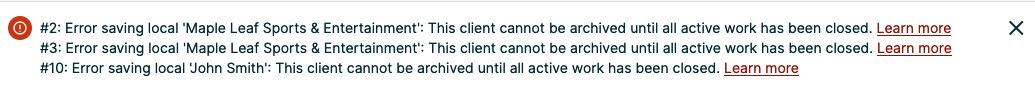 banner message indicating two clients couldn't be imported since they have active work