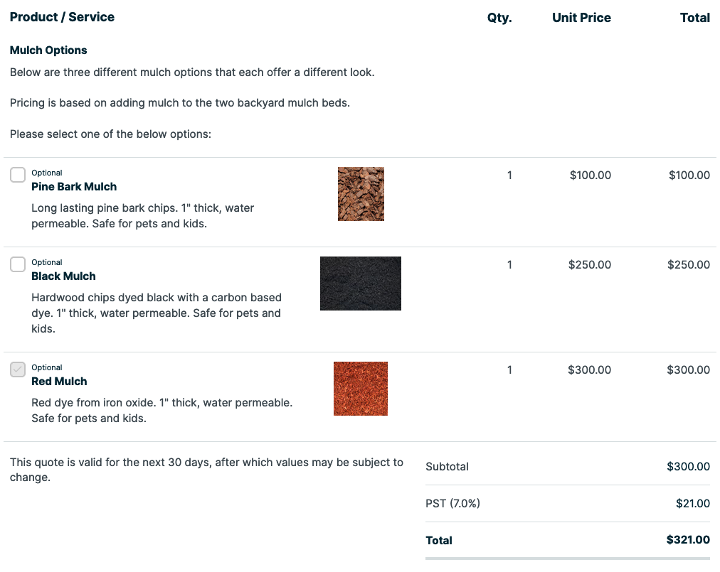 example of a quote offering multiple mulch options with images of each mulch option