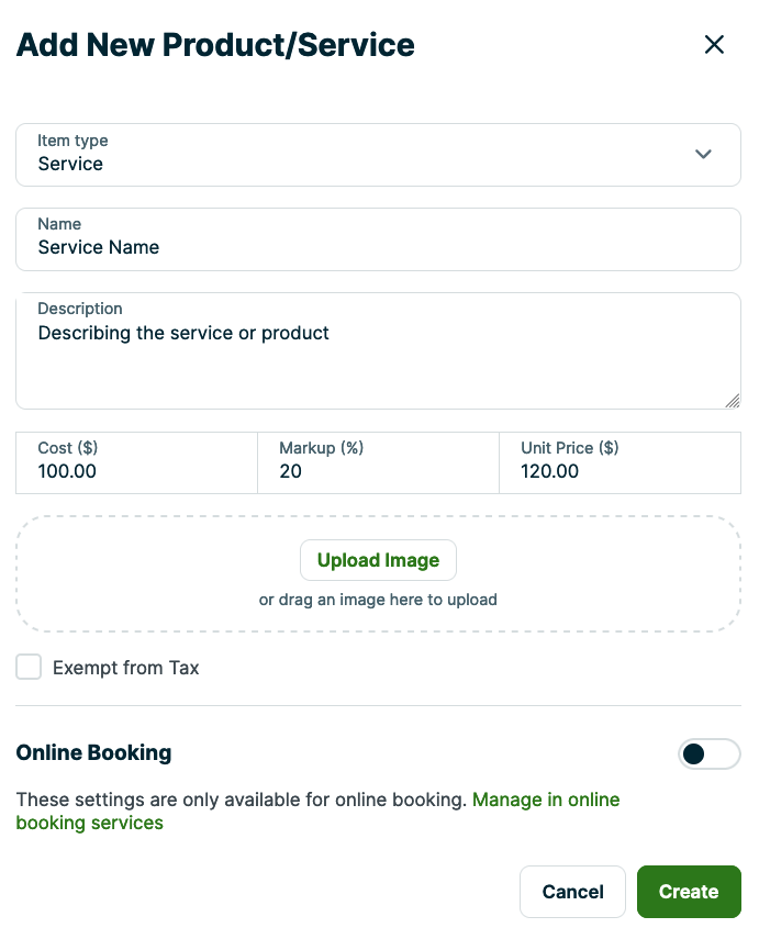 Dialog box for adding a new service or product