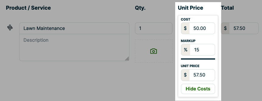 Unit price, cost, markup percentage, and price highlighted on the quote.