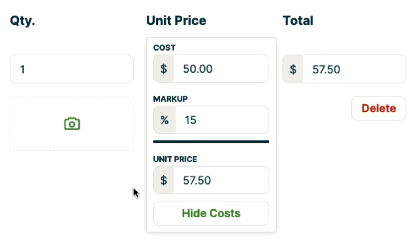 Markup percentage being entered with the price updating based on the cost and markup.