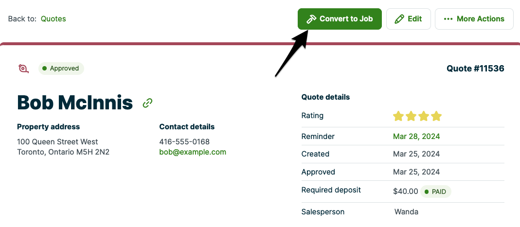arrow pointing to the convert to job button on the quote
