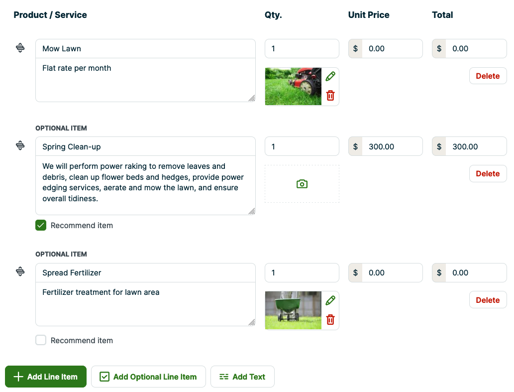 edit screen of a quote with optional line items