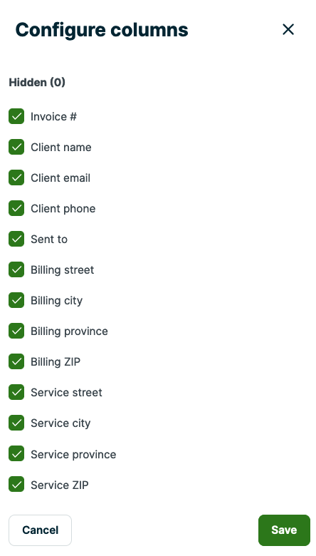Configure columns window showing the optional report columns a user can show/hide on the invoices report