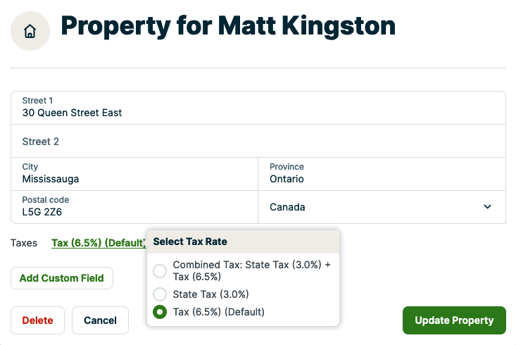 property information where you can select a tax rate for the property