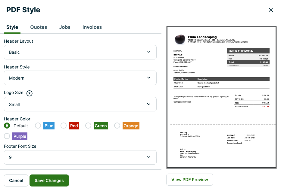 PDF Style options