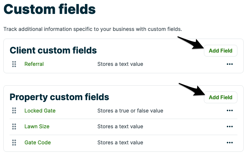 Arrows pointing to Add Field buttons