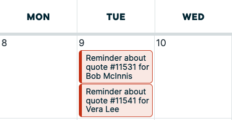 reminder to follow up on a quote on the month view of the calendar