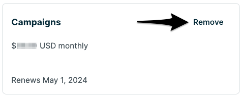 Campaign add-on with arrow pointing to remove button
