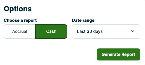 taxation report with accrural and cash options. Cash is selected.